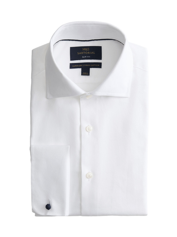 Marks & Spencer Луксозна памучна риза с двойни маншети с тясна кройка Marks & Spencer в бяло