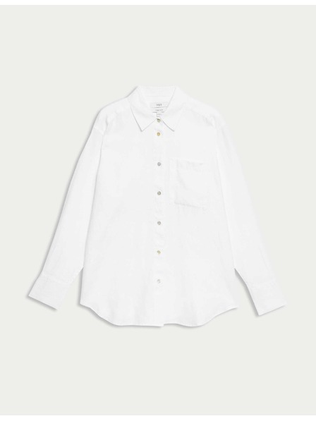 Marks & Spencer Oversize риза в стил Girlfriend с яка, от чист лен Marks & Spencer бяла