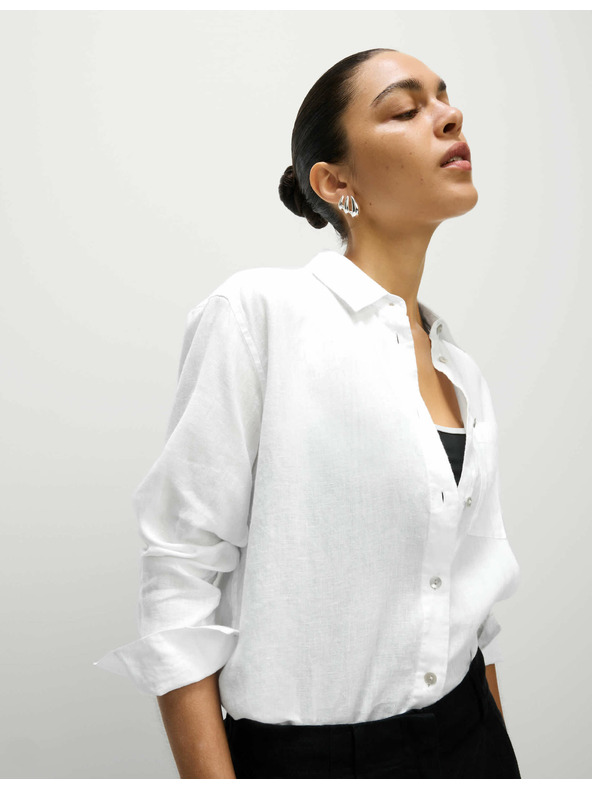 Marks & Spencer Oversize риза в стил Girlfriend с яка, от чист лен Marks & Spencer бяла