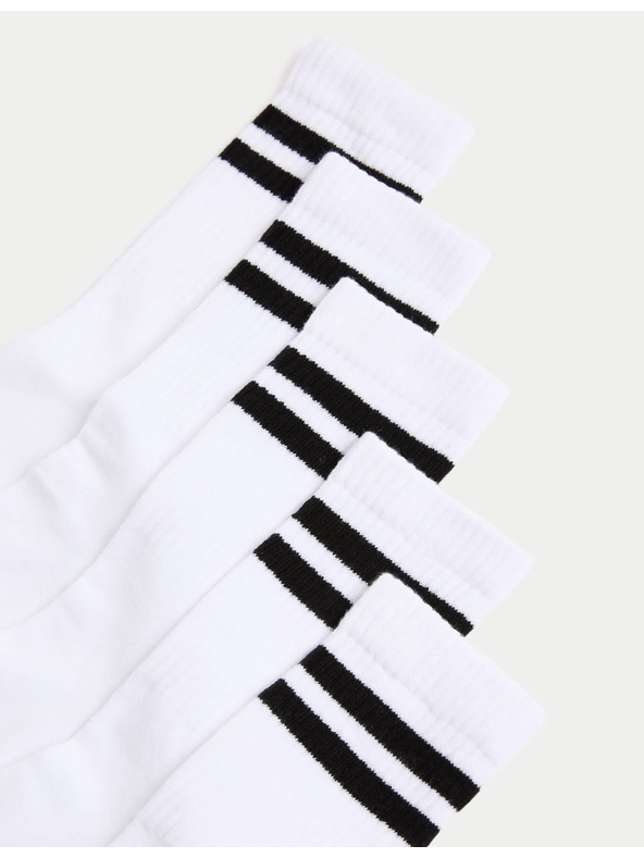Marks & Spencer Ивичести спортни чорапи с висок дял памук, комплект 5 чифта (6 малки – 7 големи) Marks & Spencer бял