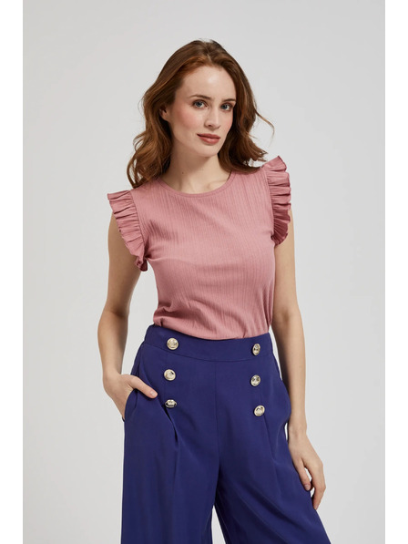 Moodo Ребрирана блуза с волан на раменете розова Moodo