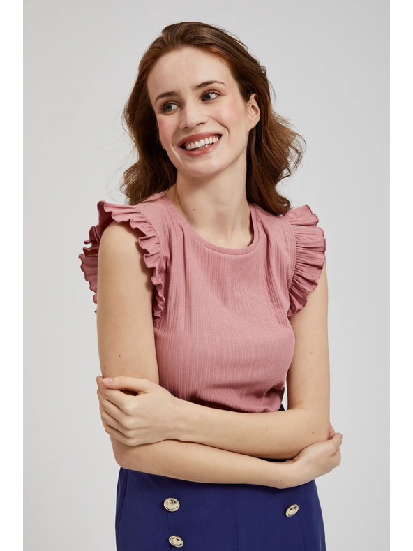 Moodo Ребрирана блуза с волан на раменете розова Moodo