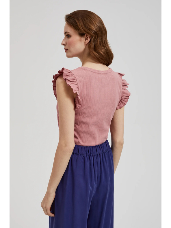 Moodo Ребрирана блуза с волан на раменете розова Moodo
