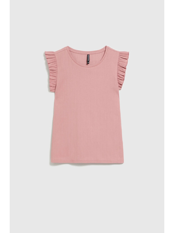 Moodo Ребрирана блуза с волан на раменете розова Moodo
