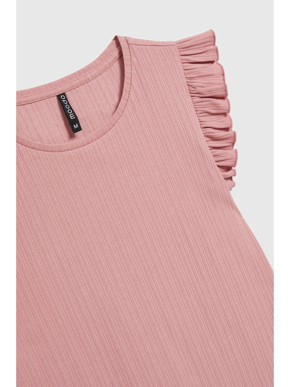Moodo Ребрирана блуза с волан на раменете розова Moodo