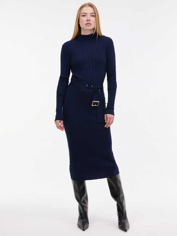 Orsay Тъмносиня дамска миди рокля с колан ORSAY