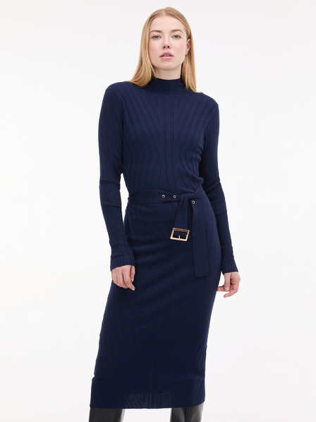 Orsay Тъмносиня дамска миди рокля с колан ORSAY