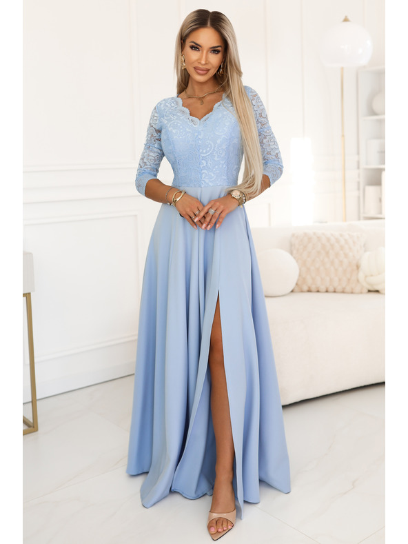 numoco AMBER Елегантни дълги дантелени рокли с деколте - светлосин