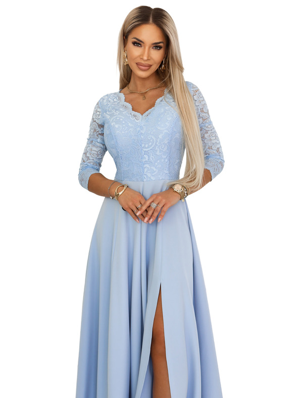 numoco AMBER Елегантни дълги дантелени рокли с деколте - светлосин