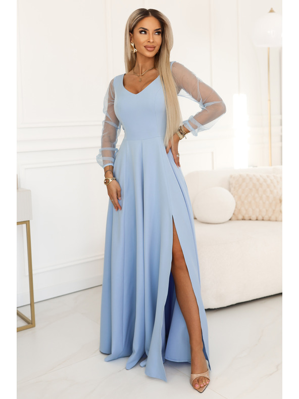 numoco LORETTA Уникални дълги рокли с тюлени ръкави и деколте - светлосин