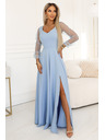 numoco LORETTA Уникални дълги рокли с тюлени ръкави и деколте - светлосин