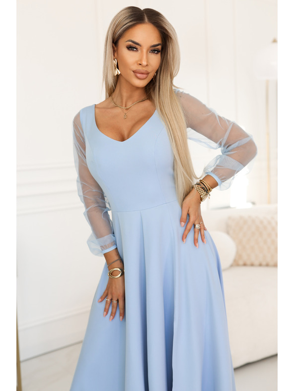 numoco LORETTA Уникални дълги рокли с тюлени ръкави и деколте - светлосин
