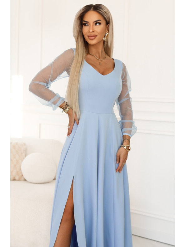 numoco LORETTA Уникални дълги рокли с тюлени ръкави и деколте - светлосин