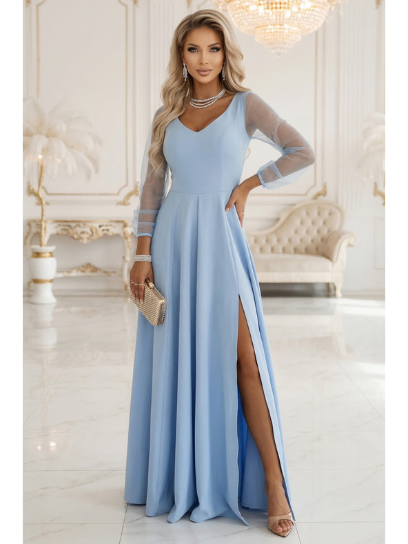 numoco LORETTA Уникални дълги рокли с тюлени ръкави и деколте - светлосин