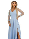 numoco LORETTA Уникални дълги рокли с тюлени ръкави и деколте - светлосин