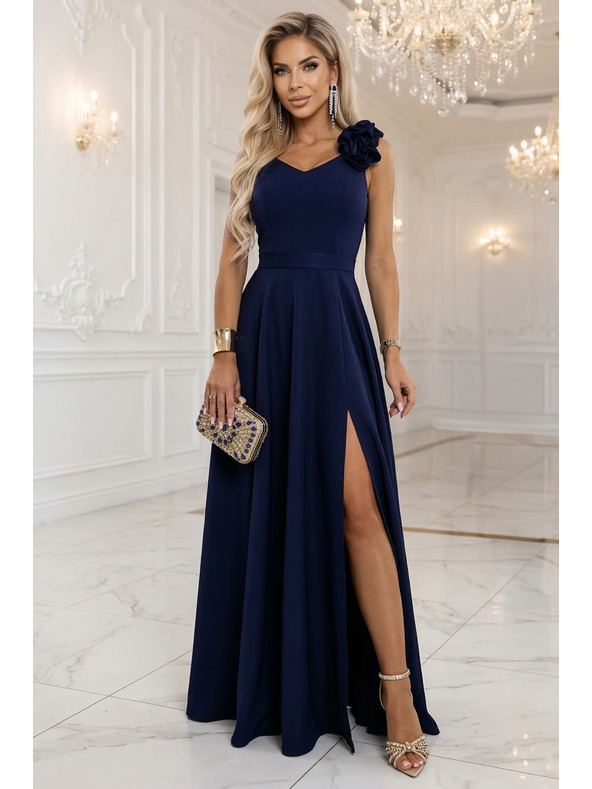 numoco Елегантни вечерни макси рокли с цепка и рози - морско синьо