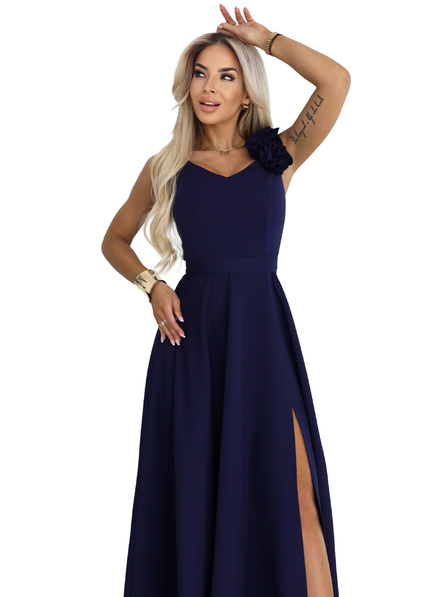 numoco Елегантни вечерни макси рокли с цепка и рози - морско синьо