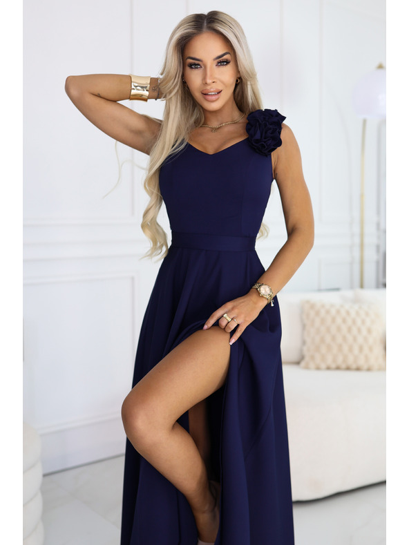 numoco Елегантни вечерни макси рокли с цепка и рози - морско синьо