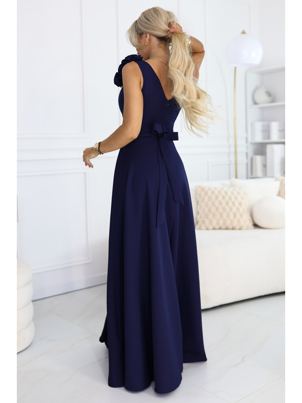 numoco Елегантни вечерни макси рокли с цепка и рози - морско синьо