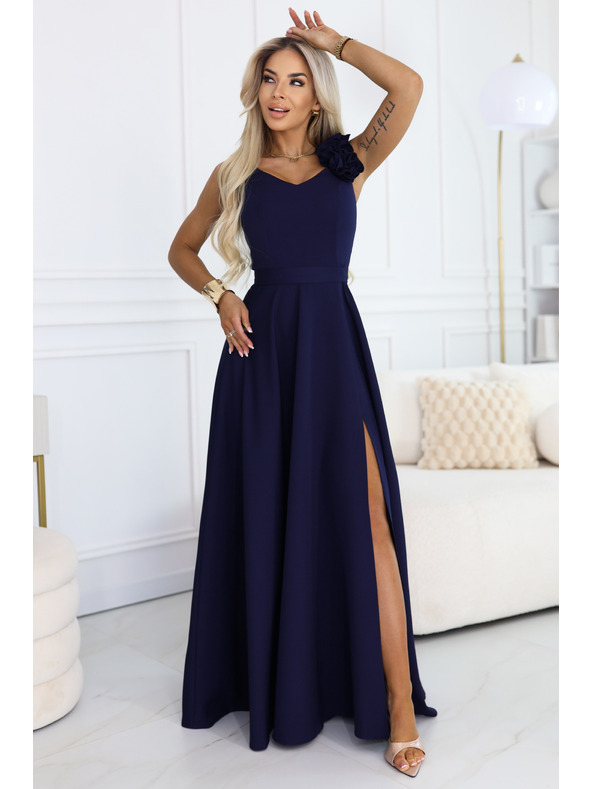 numoco Елегантни вечерни макси рокли с цепка и рози - морско синьо