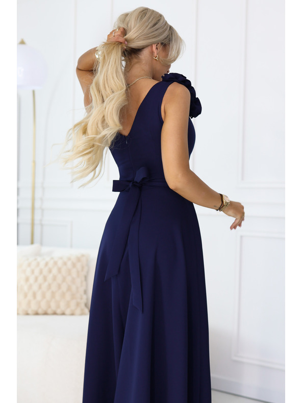 numoco Елегантни вечерни макси рокли с цепка и рози - морско синьо