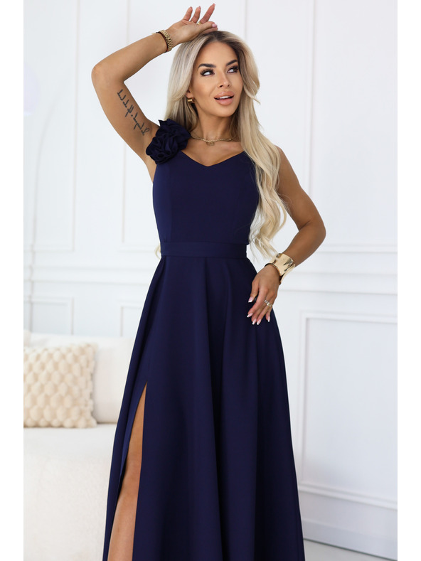 numoco Елегантни вечерни макси рокли с цепка и рози - морско синьо