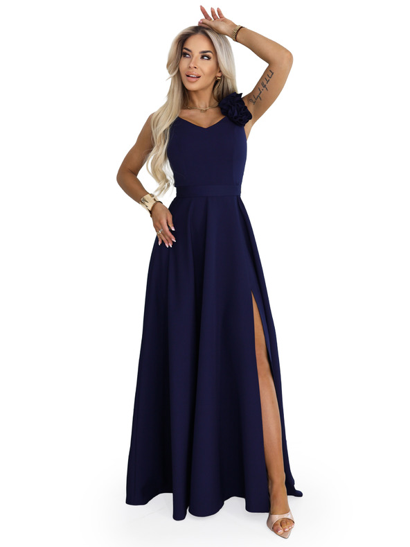 numoco Елегантни вечерни макси рокли с цепка и рози - морско синьо