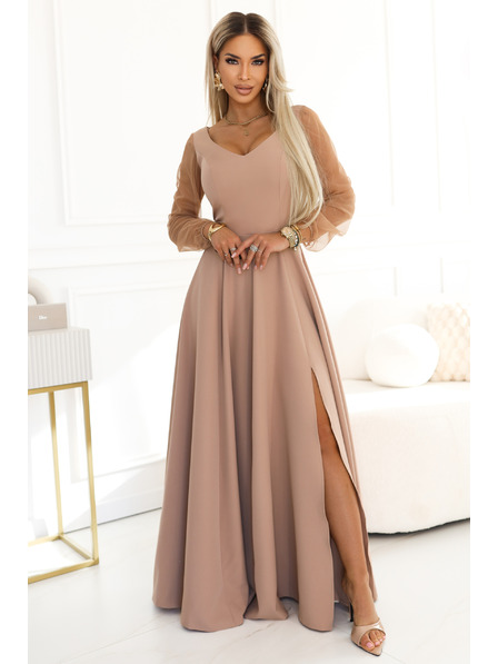 numoco LORETTA Уникални дълги рокли с тюлени ръкави и деколте - бежово