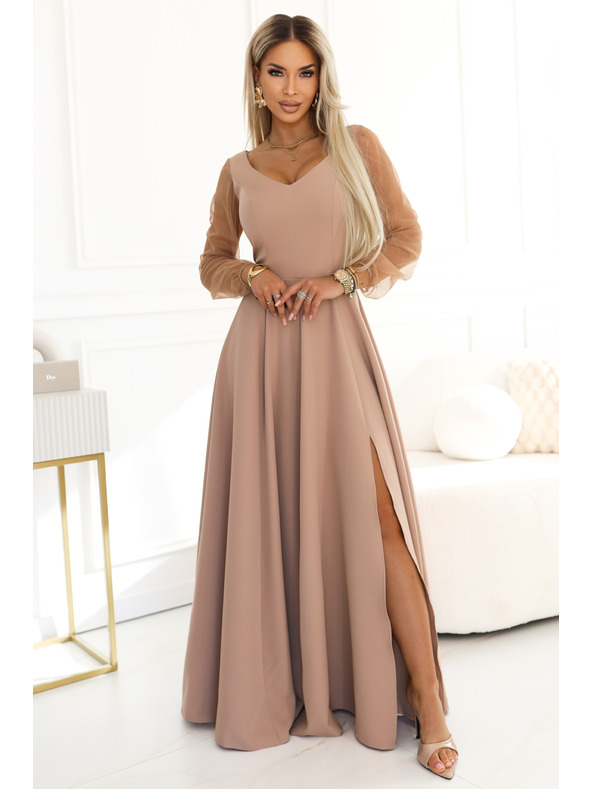 numoco LORETTA Уникални дълги рокли с тюлени ръкави и деколте - бежово