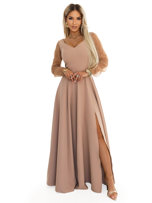 numoco LORETTA Уникални дълги рокли с тюлени ръкави и деколте - бежово