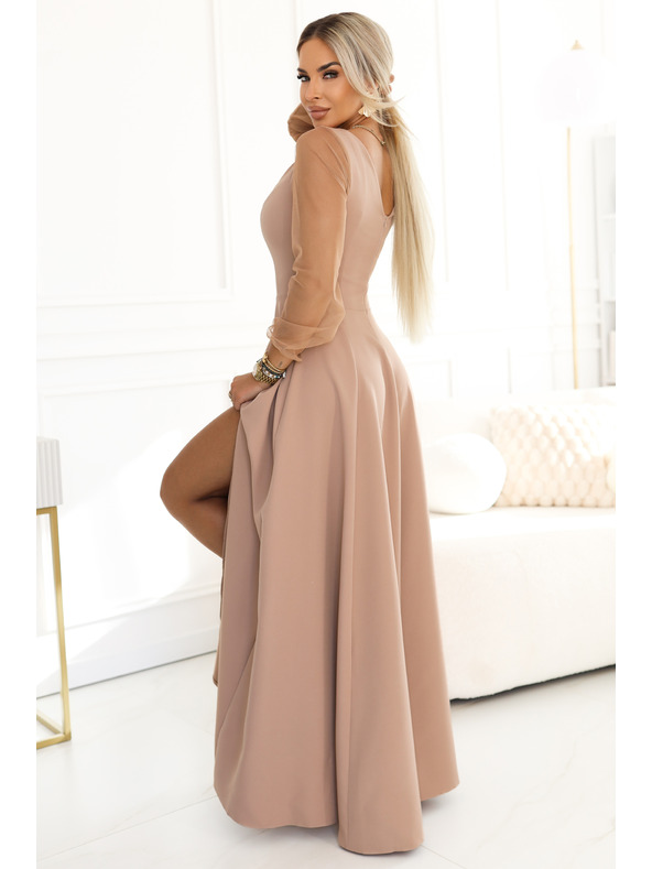 numoco LORETTA Уникални дълги рокли с тюлени ръкави и деколте - бежово