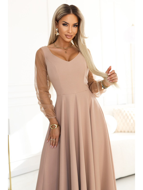 numoco LORETTA Уникални дълги рокли с тюлени ръкави и деколте - бежово