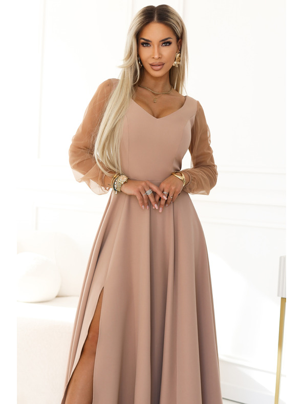 numoco LORETTA Уникални дълги рокли с тюлени ръкави и деколте - бежово