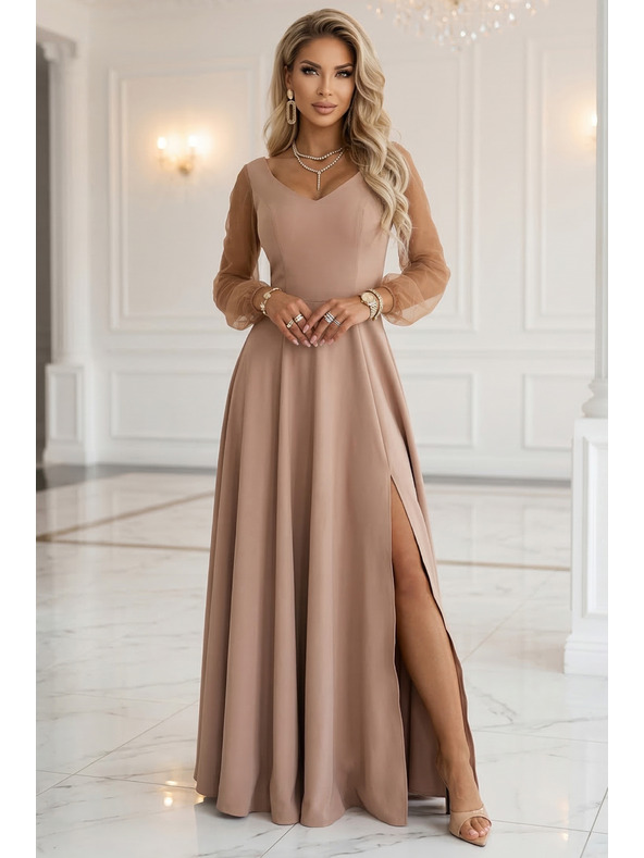 numoco LORETTA Уникални дълги рокли с тюлени ръкави и деколте - бежово