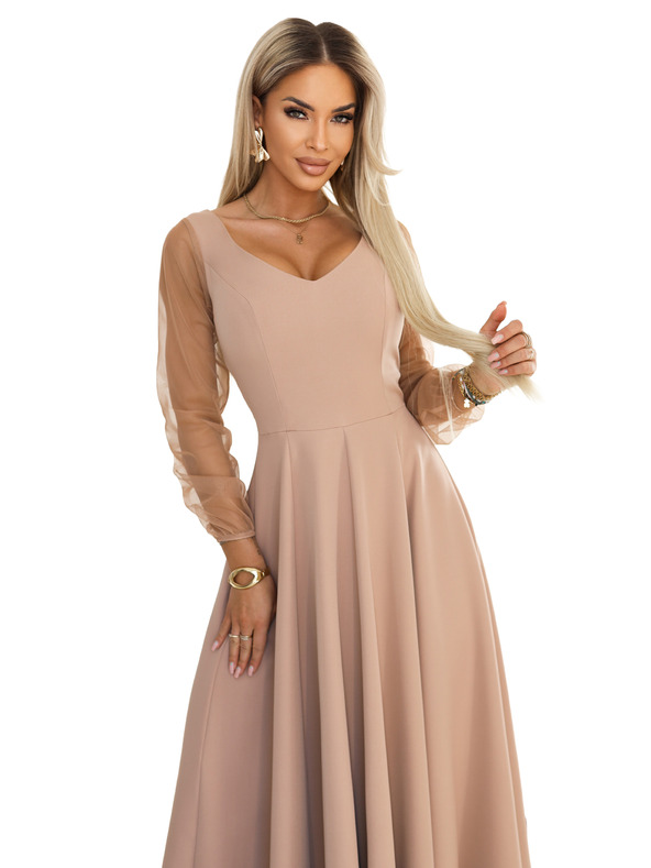 numoco LORETTA Уникални дълги рокли с тюлени ръкави и деколте - бежово