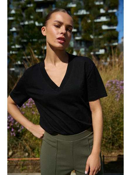 Moodo Памучна блуза с V деколте черна Moodo