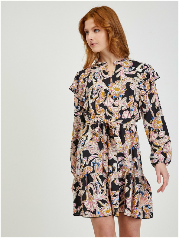 Orsay Бежово-черна дамска рокля с десен ORSAY