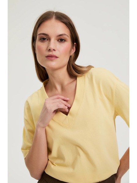 Moodo Памучна блуза с V деколте жълта Moodo