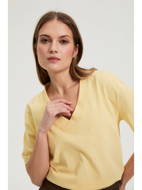 Moodo Памучна блуза с V деколте жълта Moodo