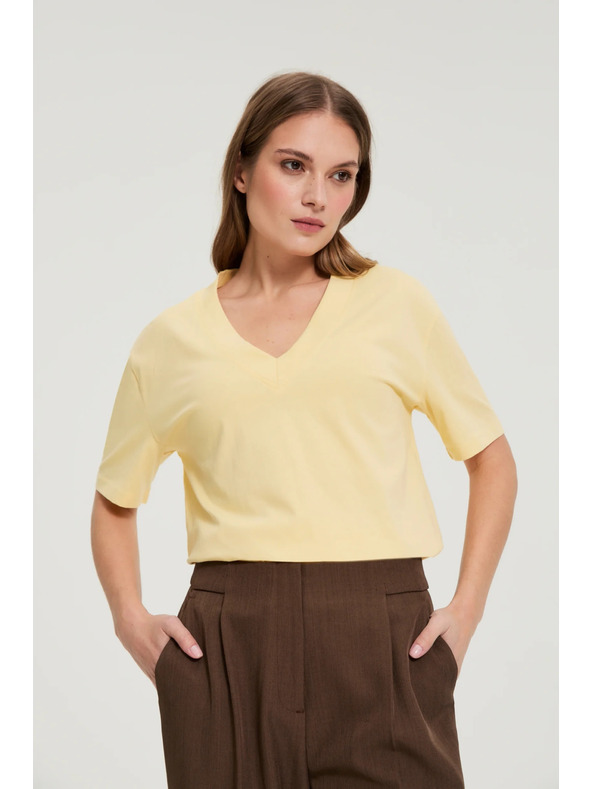 Moodo Памучна блуза с V деколте жълта Moodo