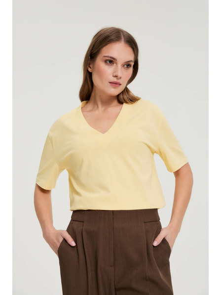 Moodo Памучна блуза с V деколте жълта Moodo