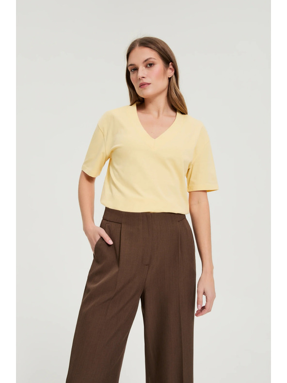 Moodo Памучна блуза с V деколте жълта Moodo