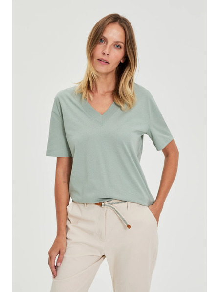 Moodo Памучна блуза с V деколте маслинена Moodo