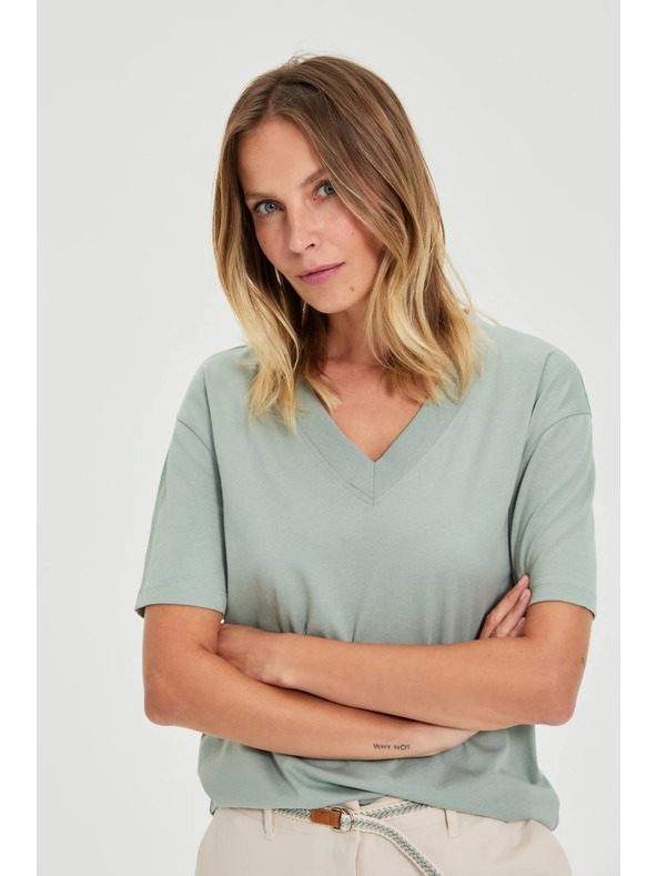 Moodo Памучна блуза с V деколте маслинена Moodo