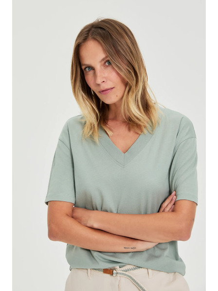 Moodo Памучна блуза с V деколте маслинена Moodo