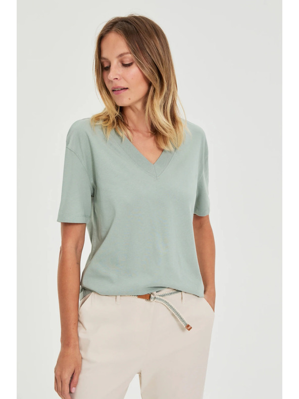 Moodo Памучна блуза с V деколте маслинена Moodo