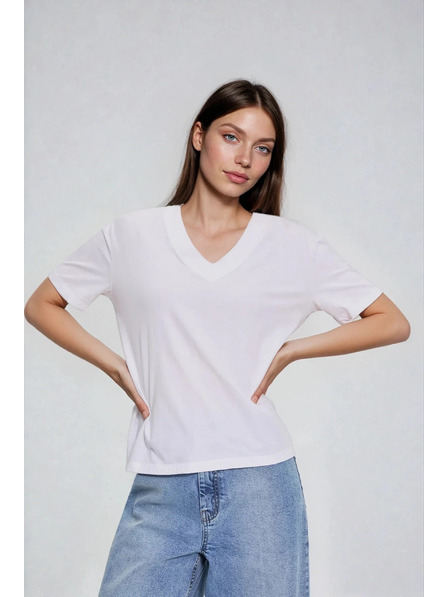 Moodo Памучна блуза с V деколте бяла Moodo