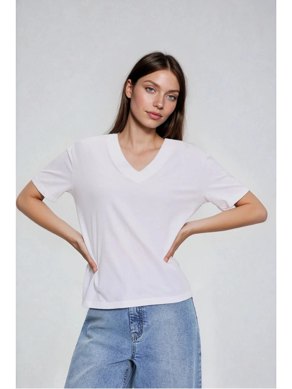 Moodo Памучна блуза с V деколте бяла Moodo