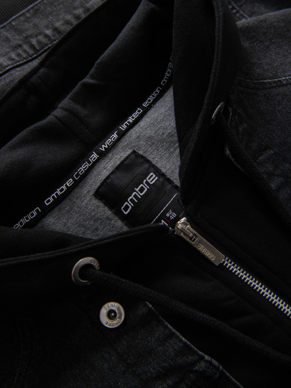 Ombre Clothing Мъжко дънково яке с плетени ръкави и качулка - черно V3 OM-JADJ-0220 Ombre Clothing