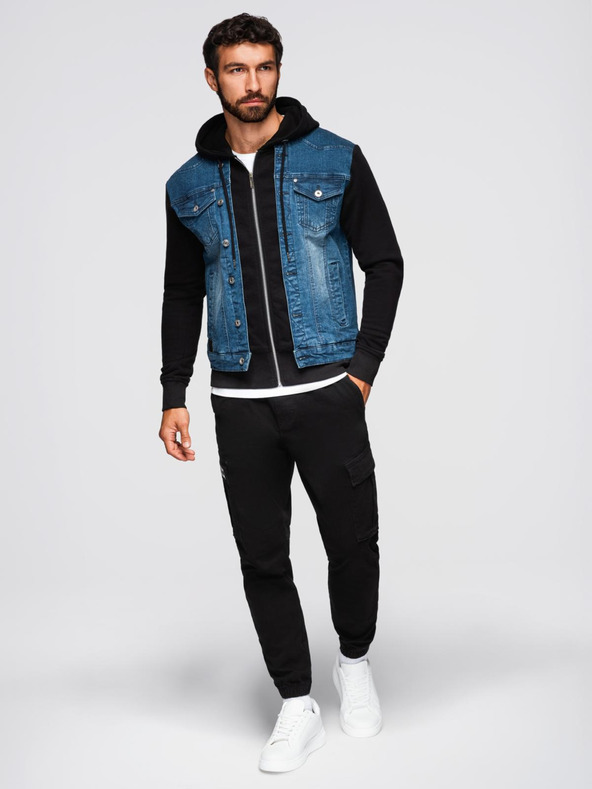 Ombre Clothing Мъжко дънково яке с плетени ръкави и качулка - синьо и черно V2 OM-JADJ-0220 Ombre Clothing